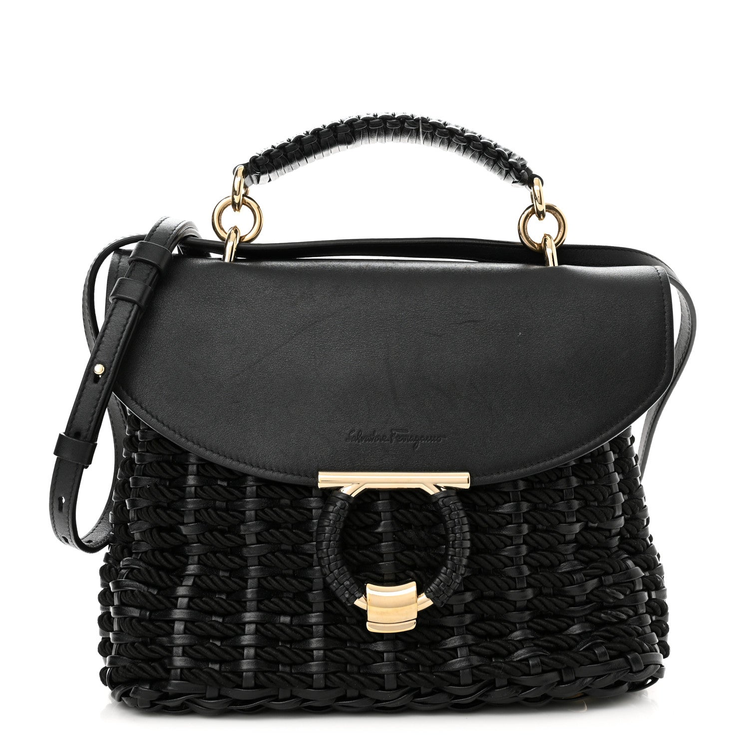 Salvatore Ferragamo Calfskin Wicker Margot Top Handle Satchel Black 1 of 11