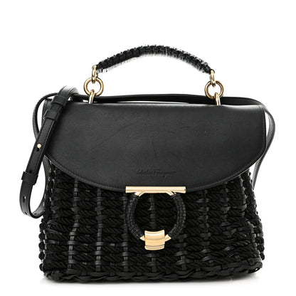 Salvatore Ferragamo Calfskin Wicker Margot Top Handle Satchel Black 1 of 11