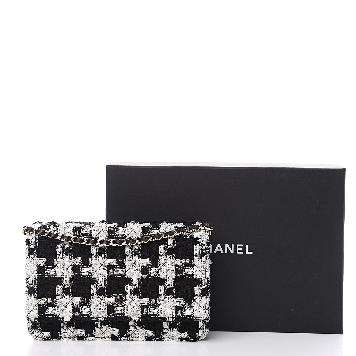 Tweed Quilted Wallet On Chain WOC Black Ecru White