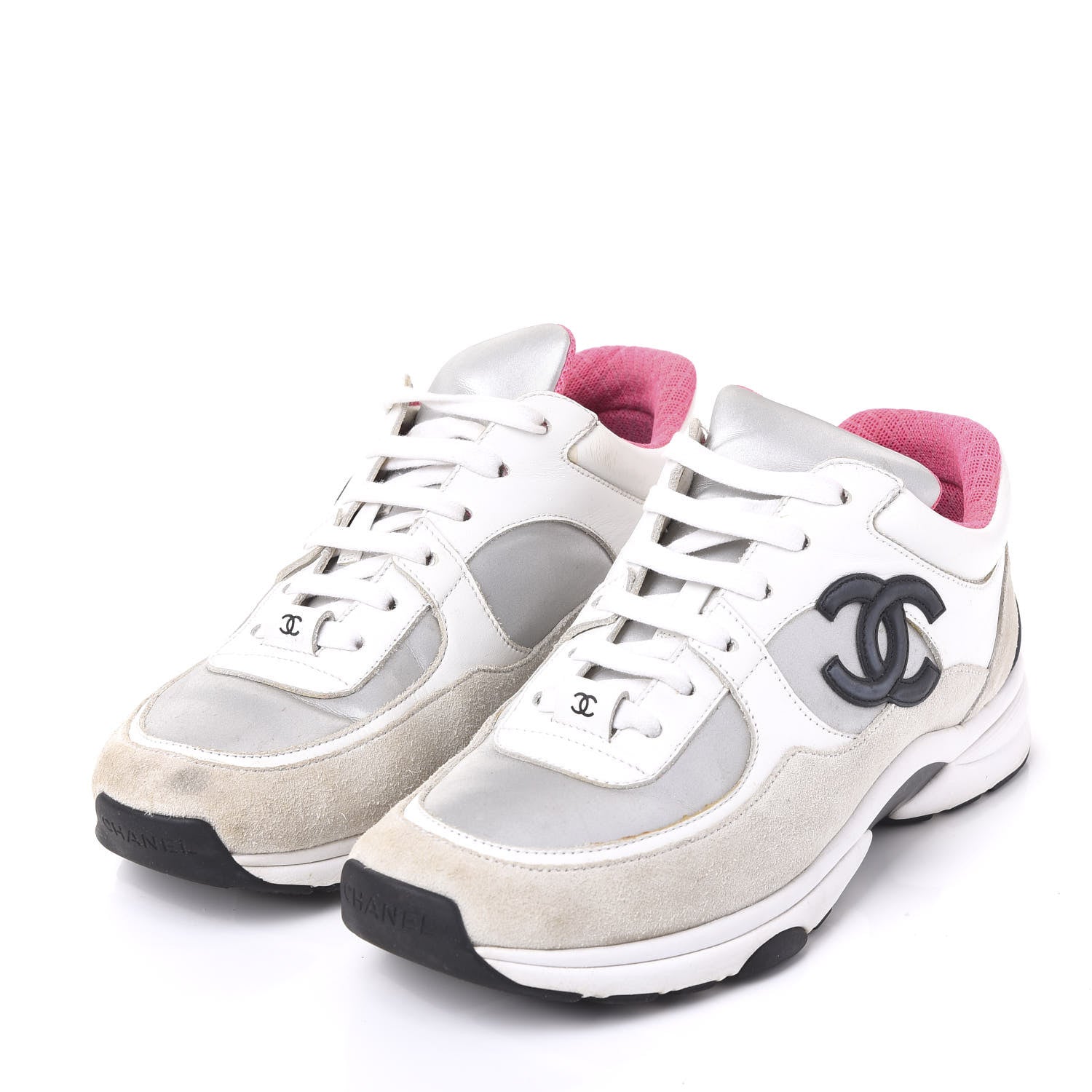 Chanel Suede Calfskin CC Sneakers 38 White Silver Fluo Pink 2 of 10