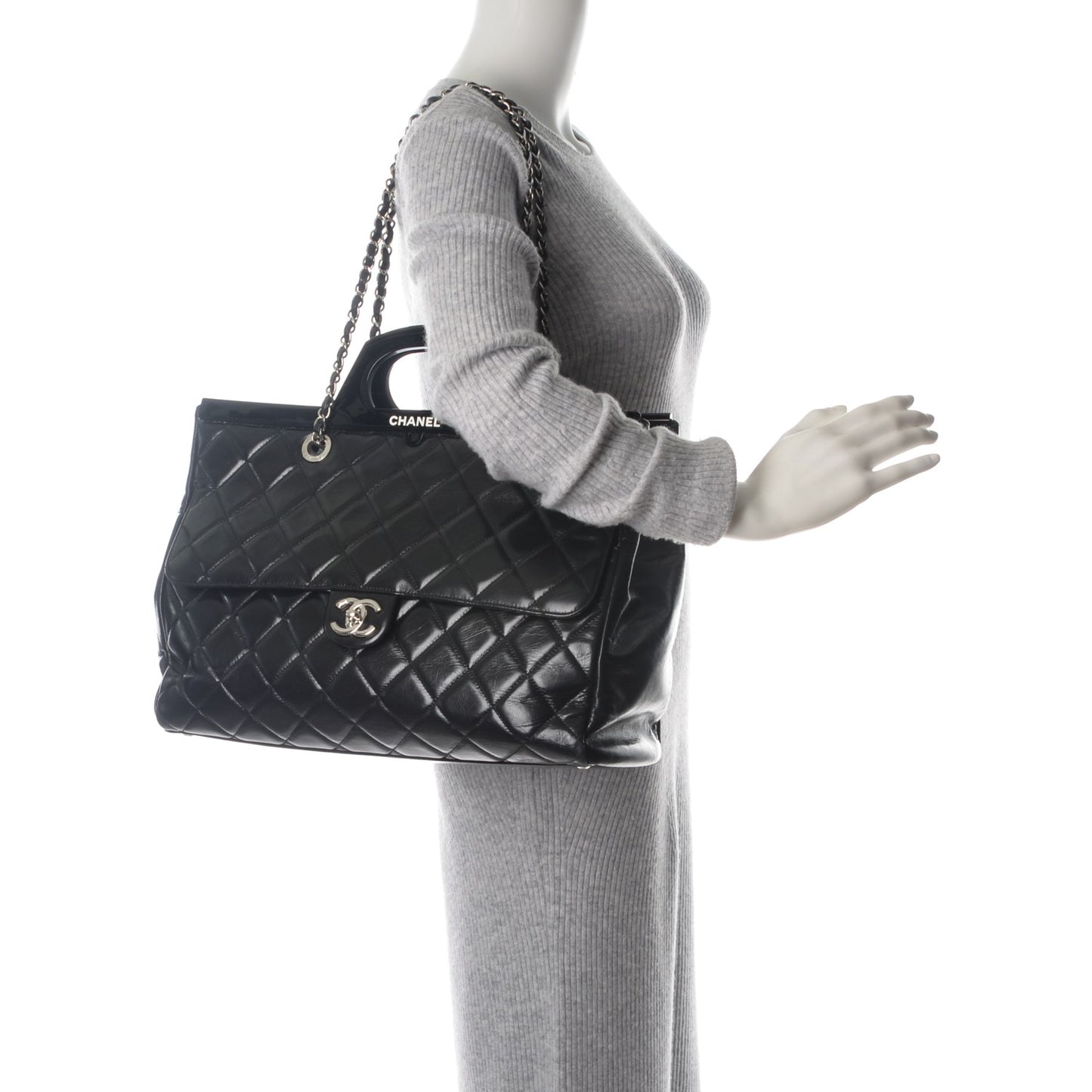 Glazed Calfskin Large CC Delivery Tote Black