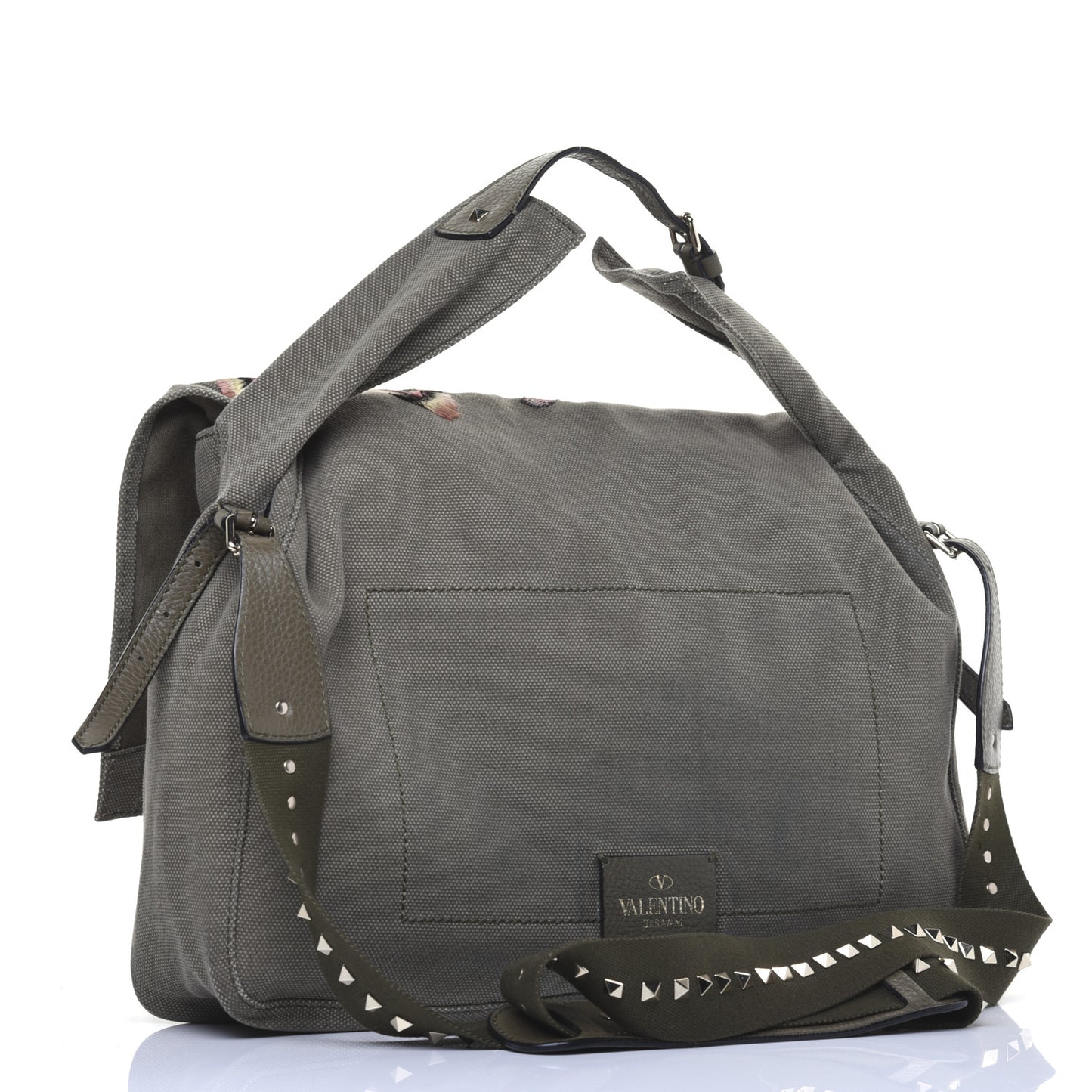 Canvas Butterfly Embroidered Rockstud Messenger Bag Military Green