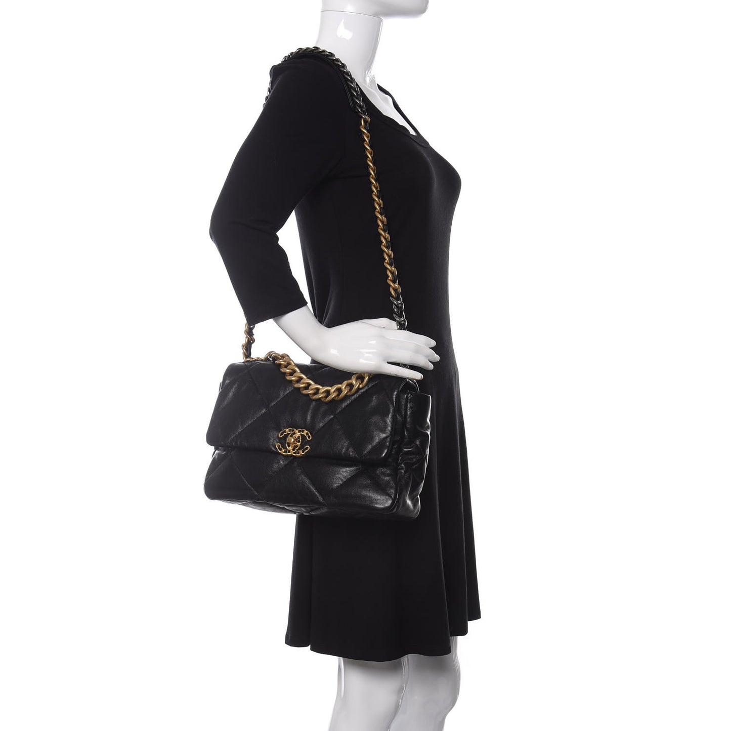 Shiny Goatskin Quilted Large Chanel 19 Flap Black