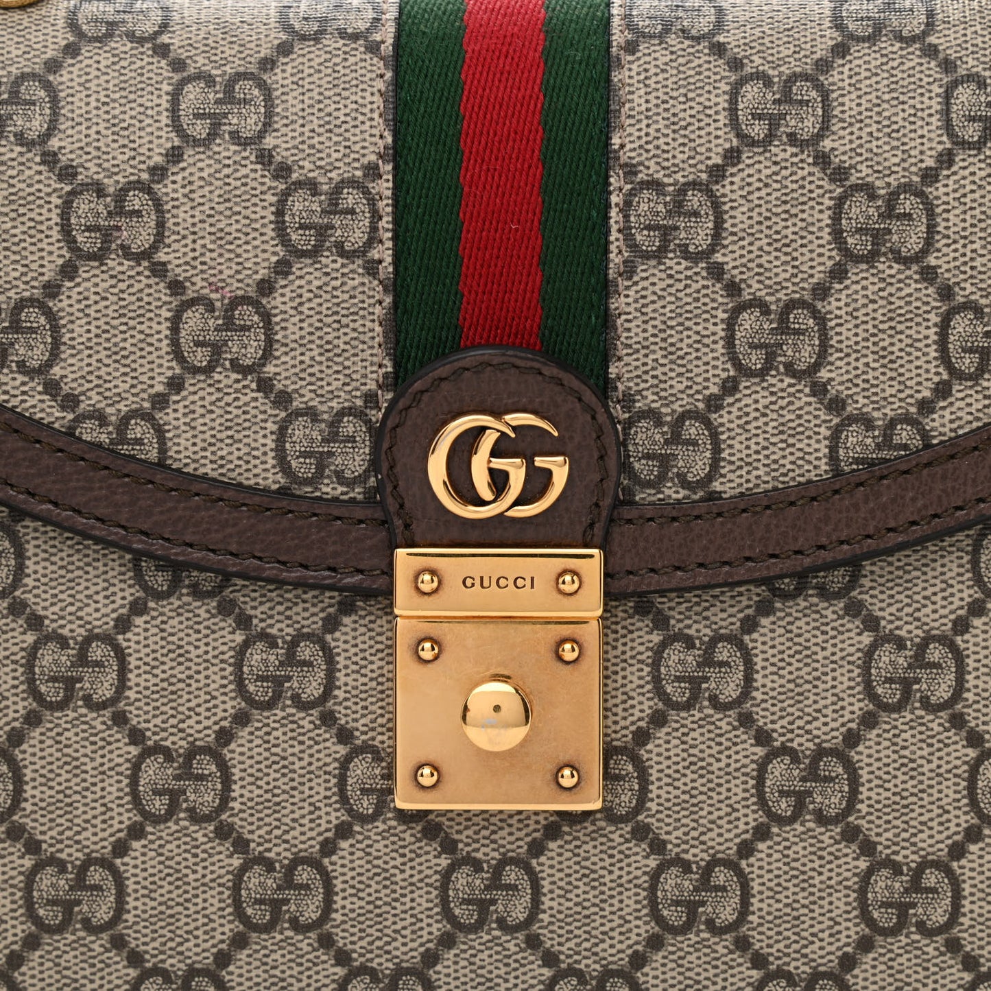 GG Supreme Monogram Textured Dollar Calfskin Web Small Ophidia Padlock Top Handle Bag Beige Ebony New Acero