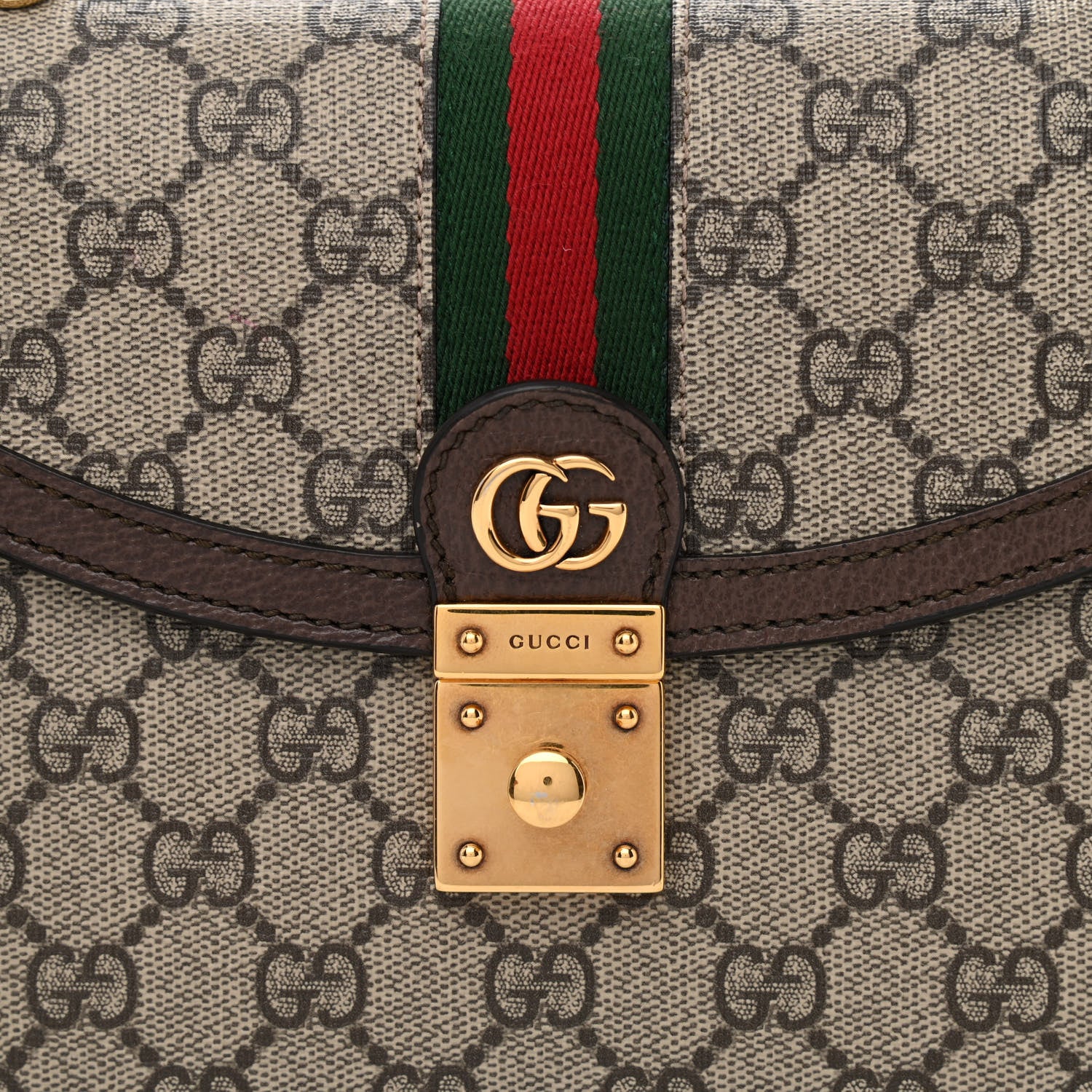 Gucci GG Supreme Monogram Textured Dollar Calfskin Web Small Ophidia Padlock Top Handle Bag Beige Ebony New Acero 8 of 11