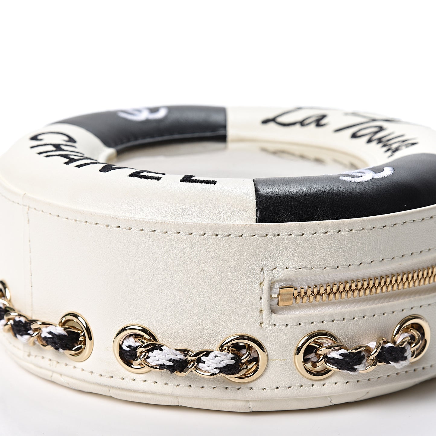 Lambskin Coco Lifesaver Round Bag Black White