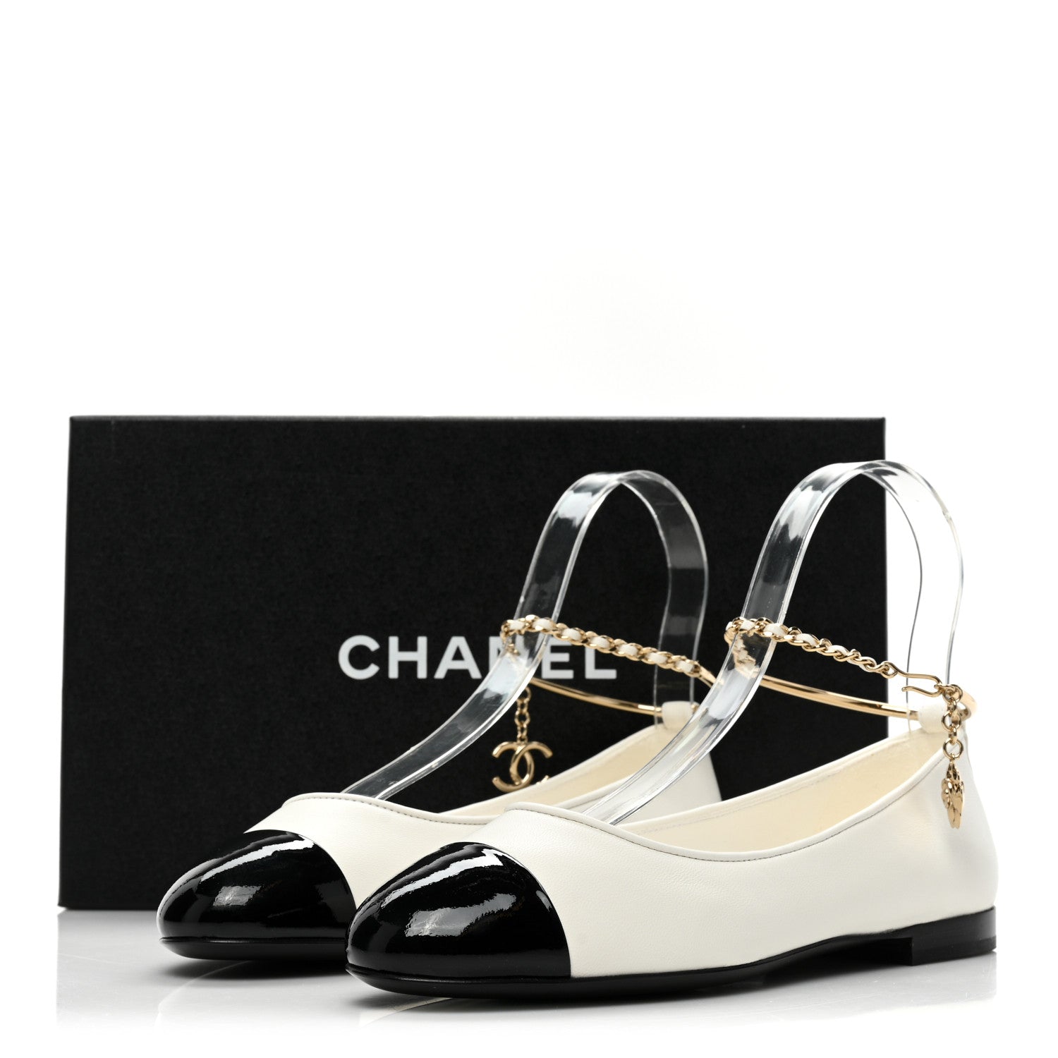 Chanel Lambskin Patent Calfskin Cap Toe Ankle Chain Ballerina Flats 36 White Black 9 of 9