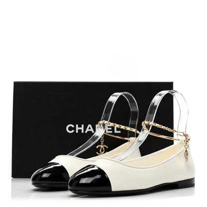 Chanel Lambskin Patent Calfskin Cap Toe Ankle Chain Ballerina Flats 36 White Black 9 of 9
