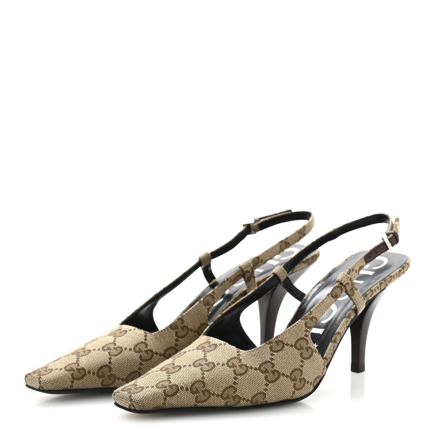 Gucci Monogram Malga Kid Square G 75mm Slingback Pumps 38 Beige Ebony New Acero 4 of 10