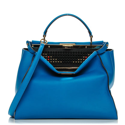 Fendi Vitello Seta Studded Monster Eyes Large Peekaboo Iconic Satchel Blue Royal Black Multicolor 1 of 8