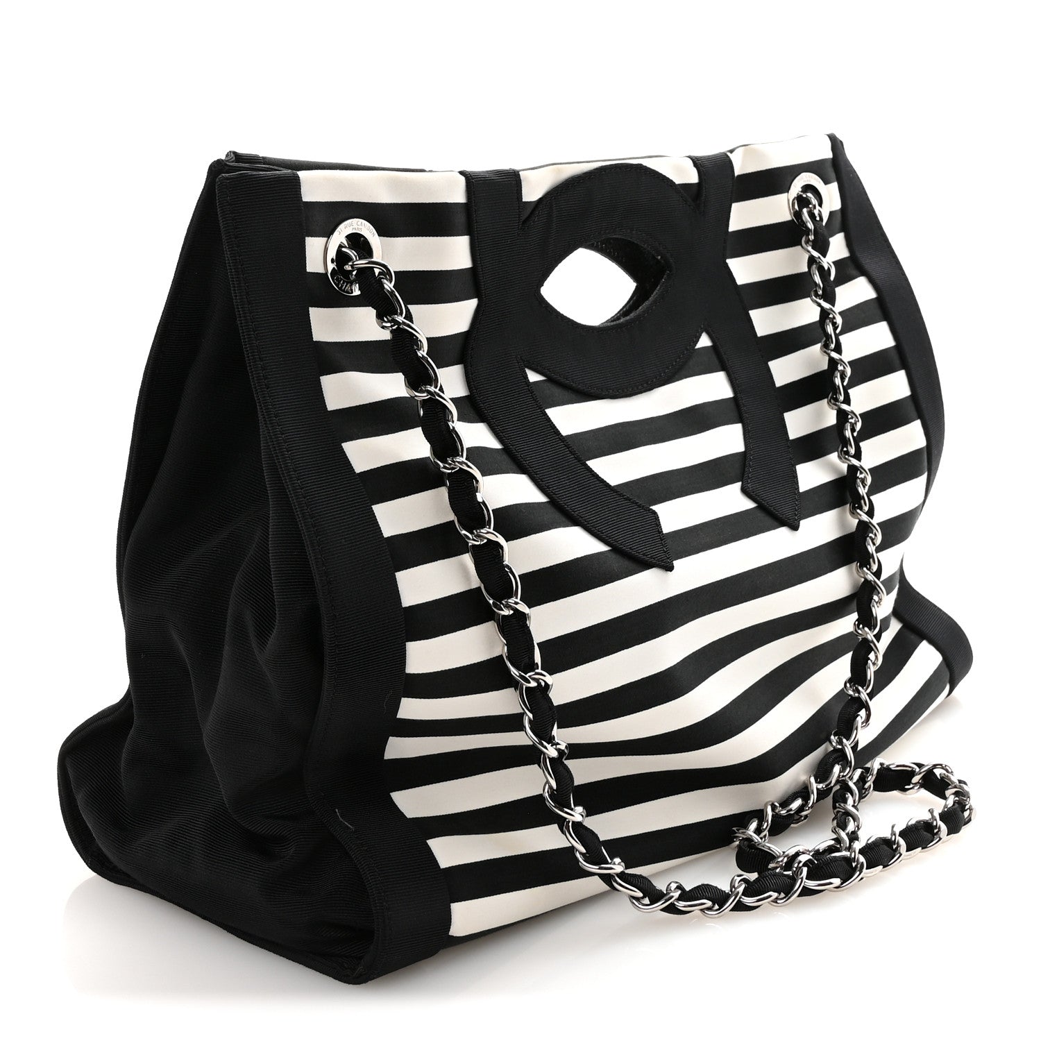 Chanel Canvas Grosgrain Striped CC Shopping Tote Black White 3 of 10