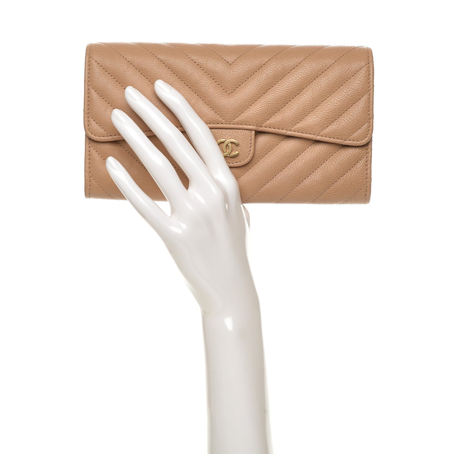Grained Calfskin Chevron Quilted Large Flap Wallet Beige