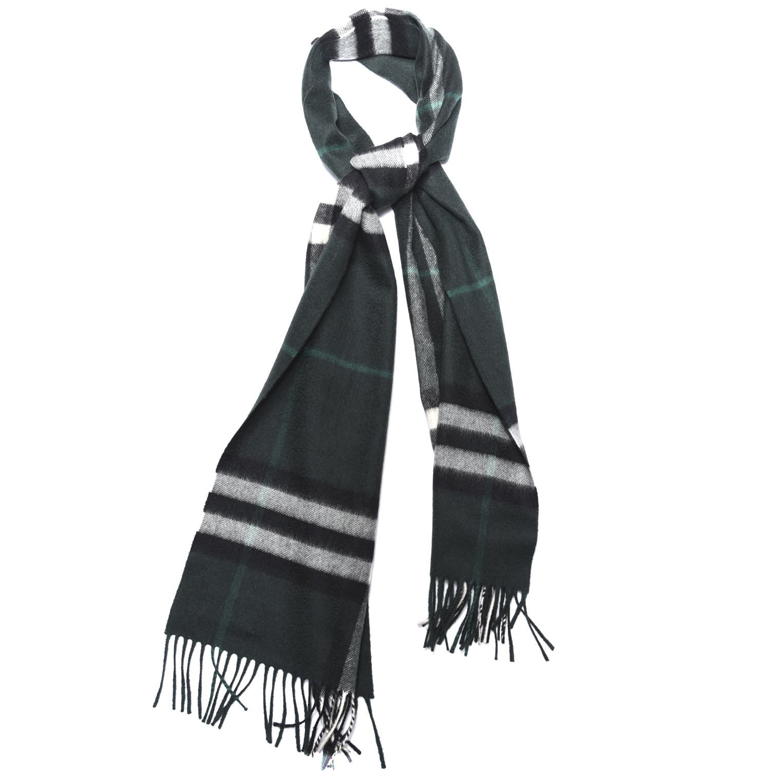 Burberry Cashmere Giant Check Fringe Scarf Dark Forest Green 1 of 3
