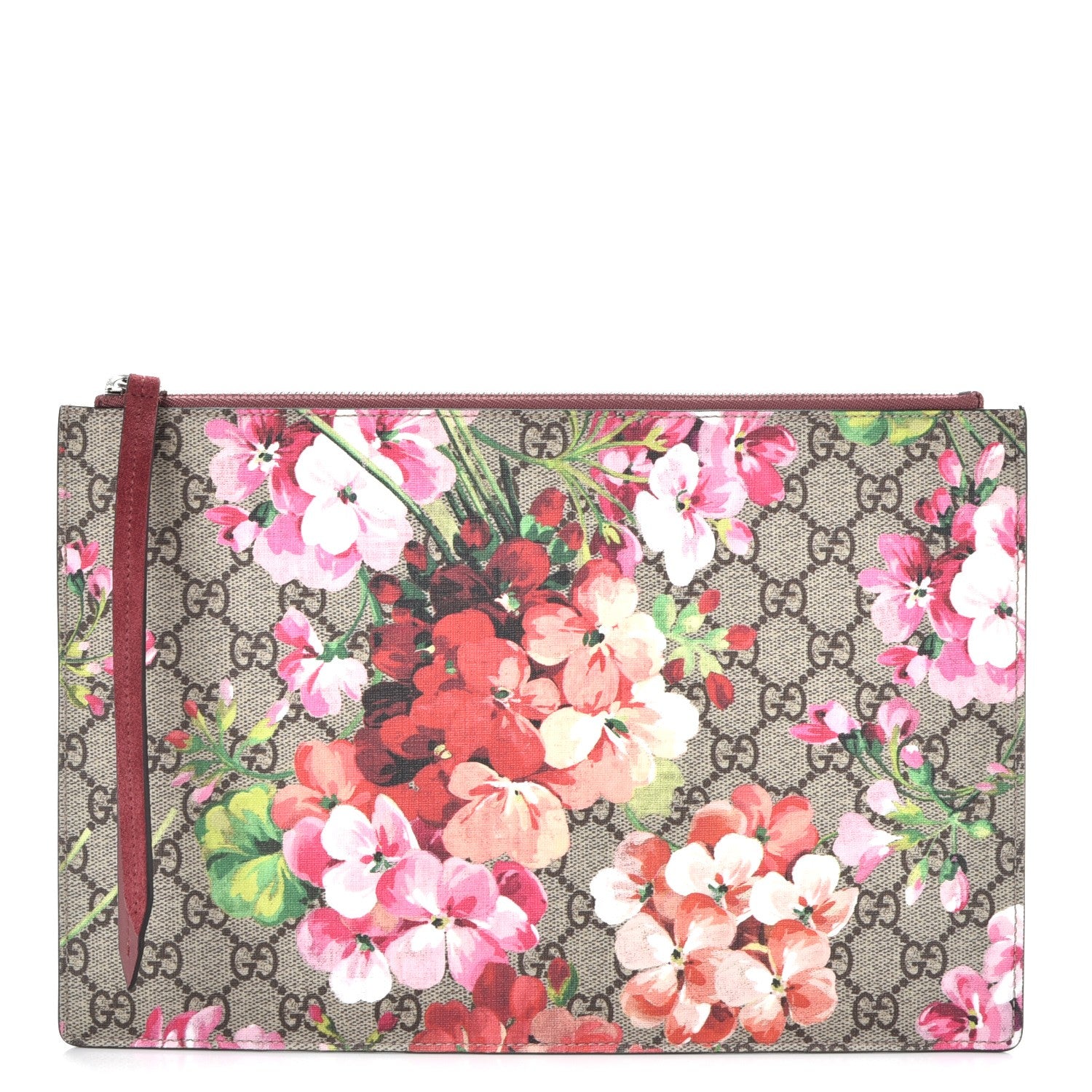 Gucci GG Supreme Monogram Blooms Suede Large Zip Pouch Beige Multicolor Dry Rose 1 of 9