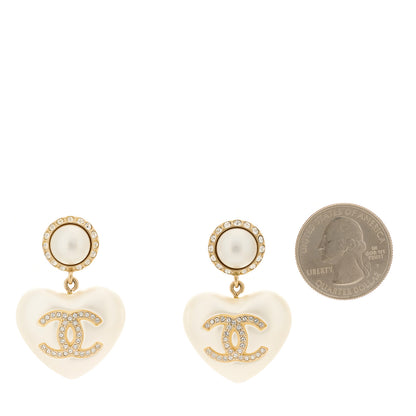 Chanel Pearl Crystal CC Heart Drop Earrings Gold 2 of 5
