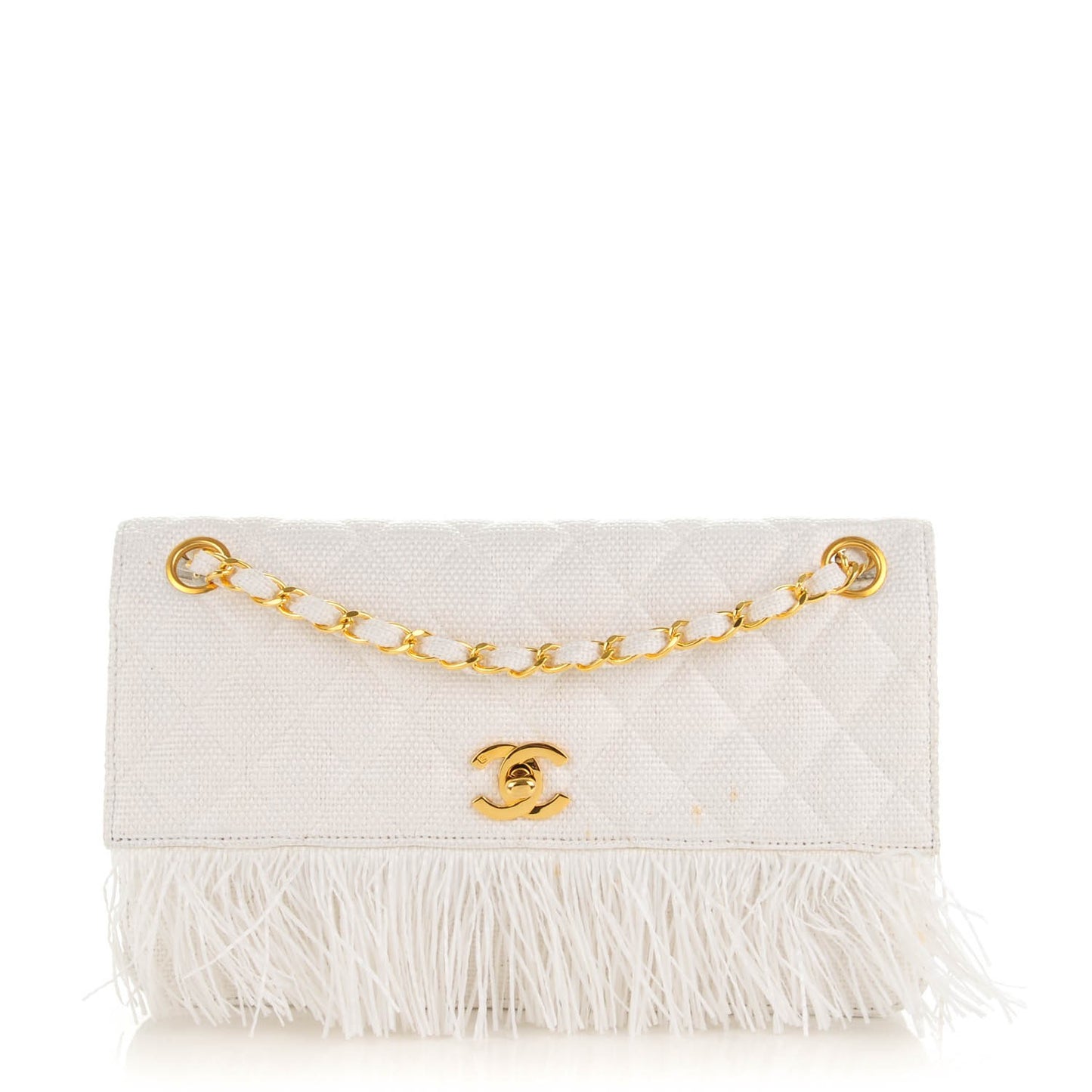 Woven Raffia Quilted CC Fringe Flap White