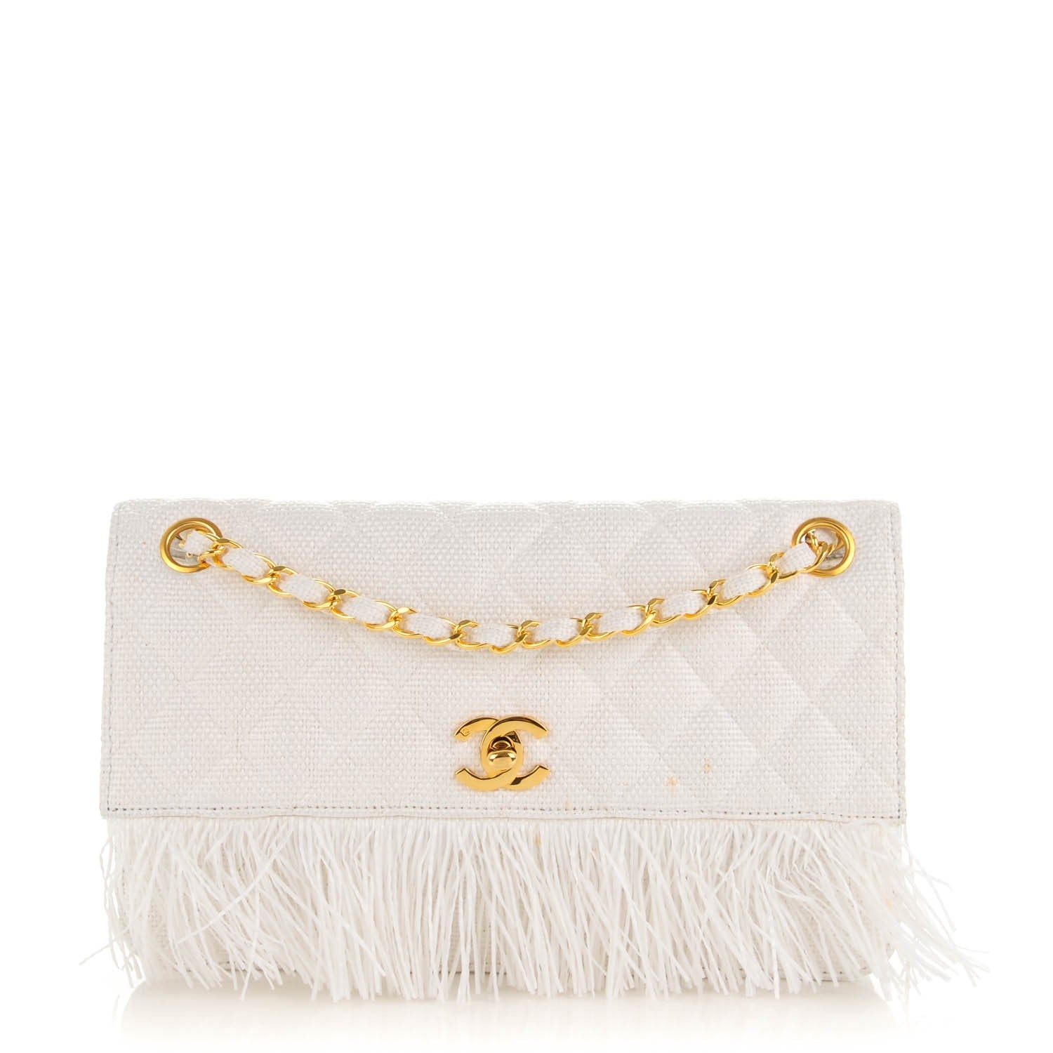 Chanel Woven Raffia Quilted CC Fringe Flap White 1 of 9