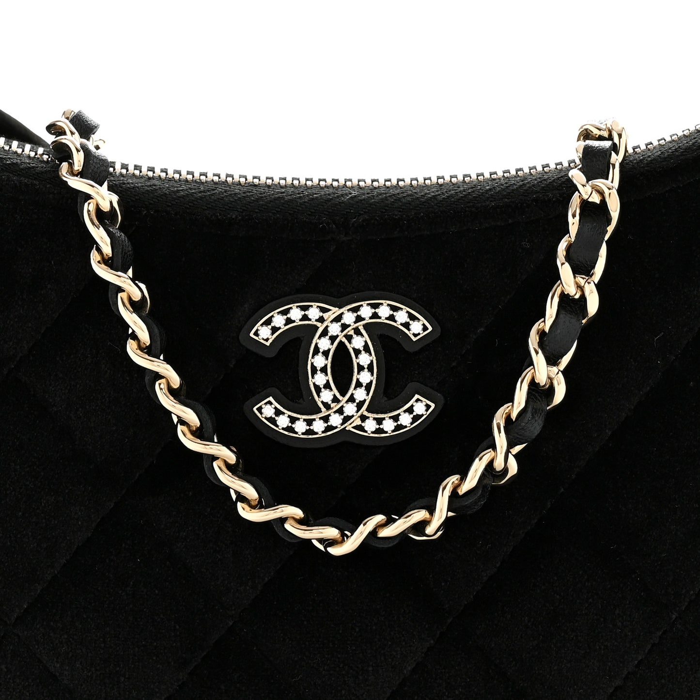 Velvet Crystal Quilted Chain Hobo Black