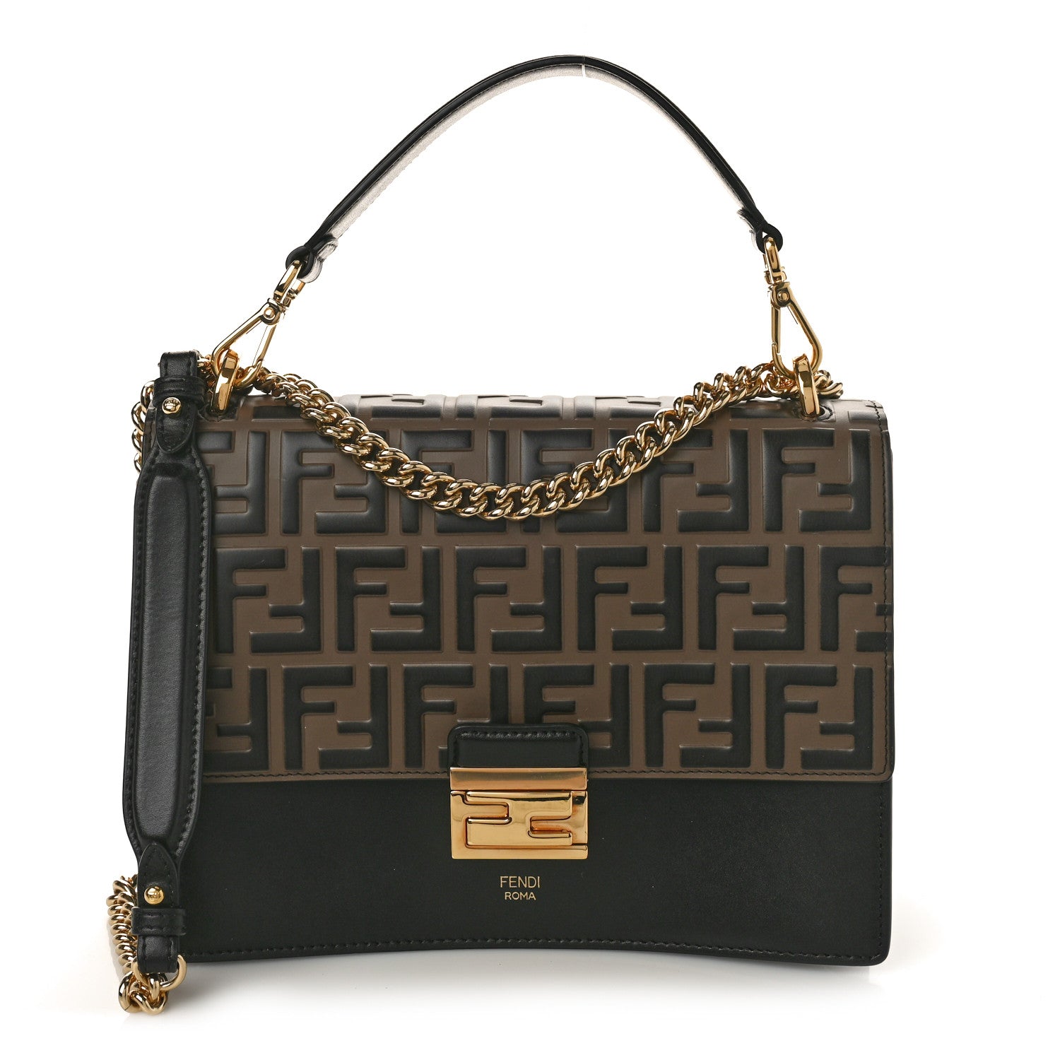 Fendi Vitello Liberty Bi-Color FF 1974 Embossed Chain Strap Kan U Shoulder Bag Black Maya 1 of 11