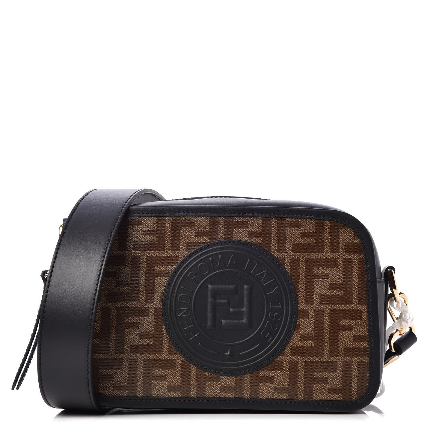 Glazed Fabric Vitello Century F is Fendi FF 1974 Stamp Patch Camera Case Mogano Panna Black