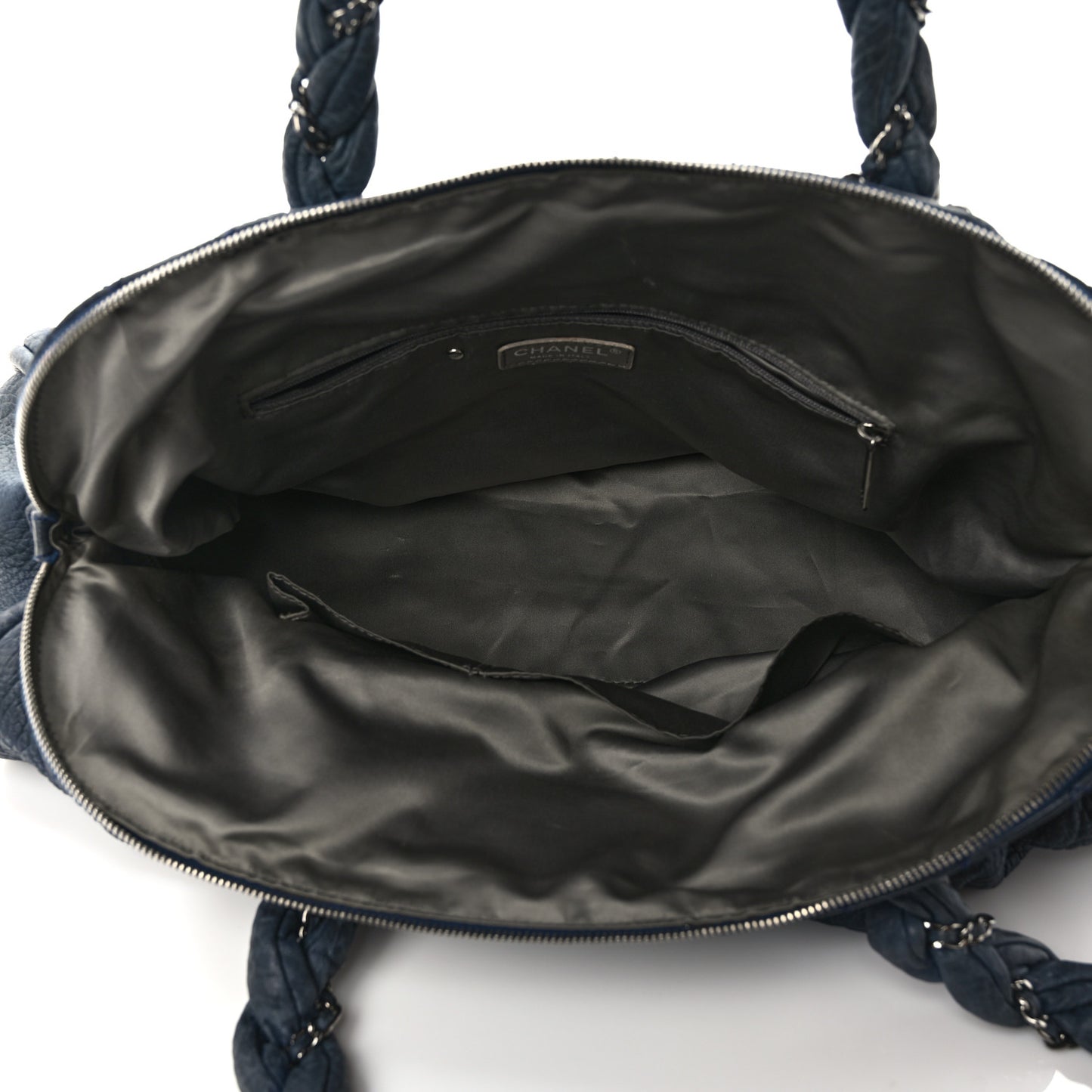 Distressed Lambskin Lady Braid Large Satchel Dark Blue