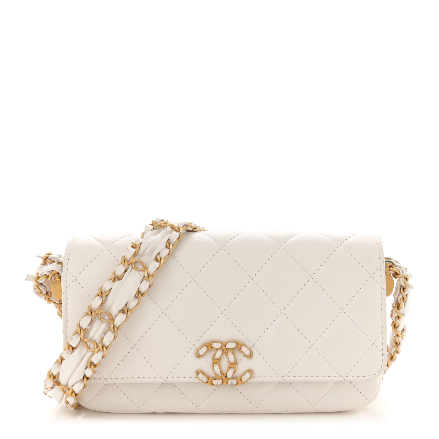 Lambskin Quilted Chanel 19 Flap Phone Holder With Chain White