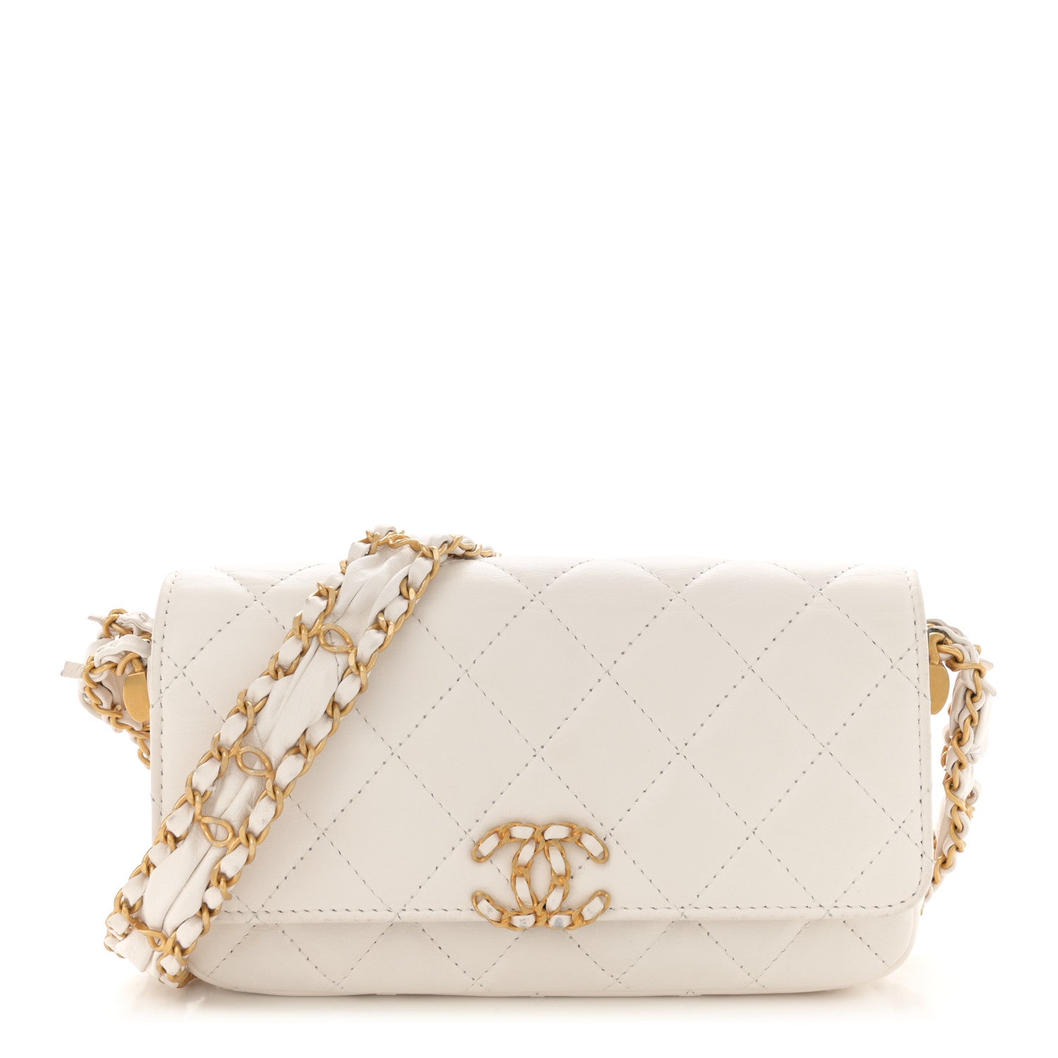 Chanel Lambskin Quilted Chanel 19 Flap Phone Holder With Chain White 1 of 14
