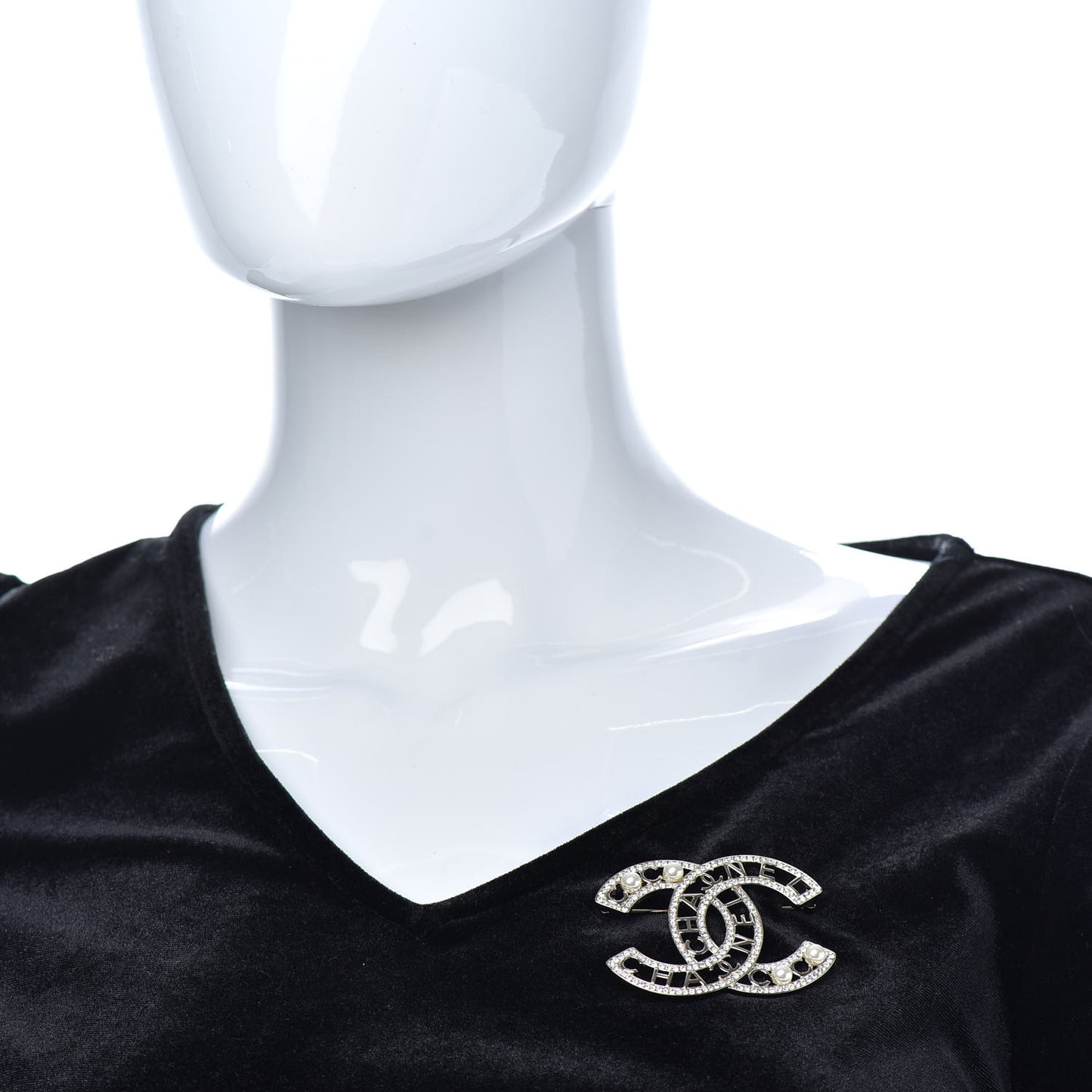 Crystal Pearl Coco CC Logo Brooch Gold