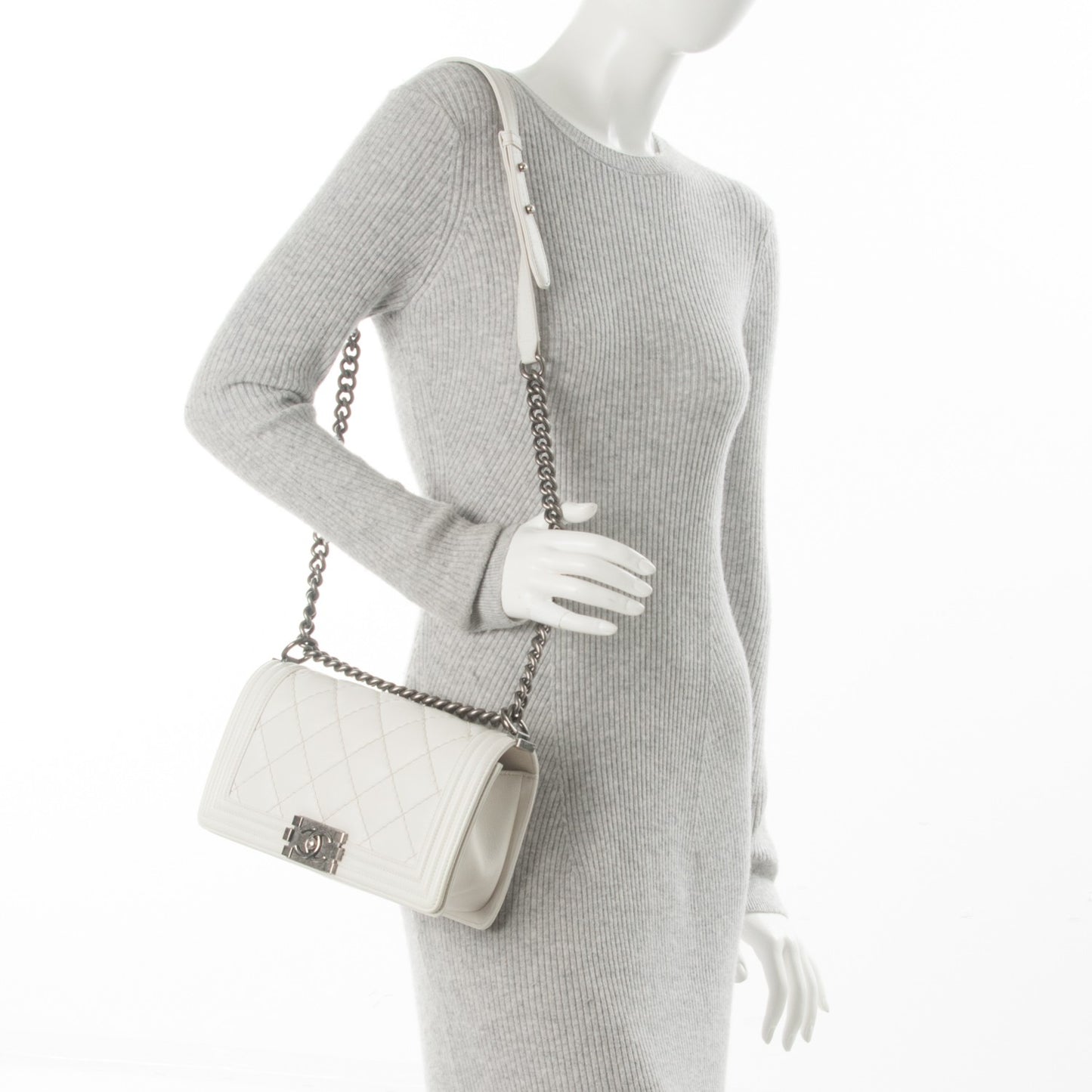 Calfskin Stitched Medium Boy Flap White