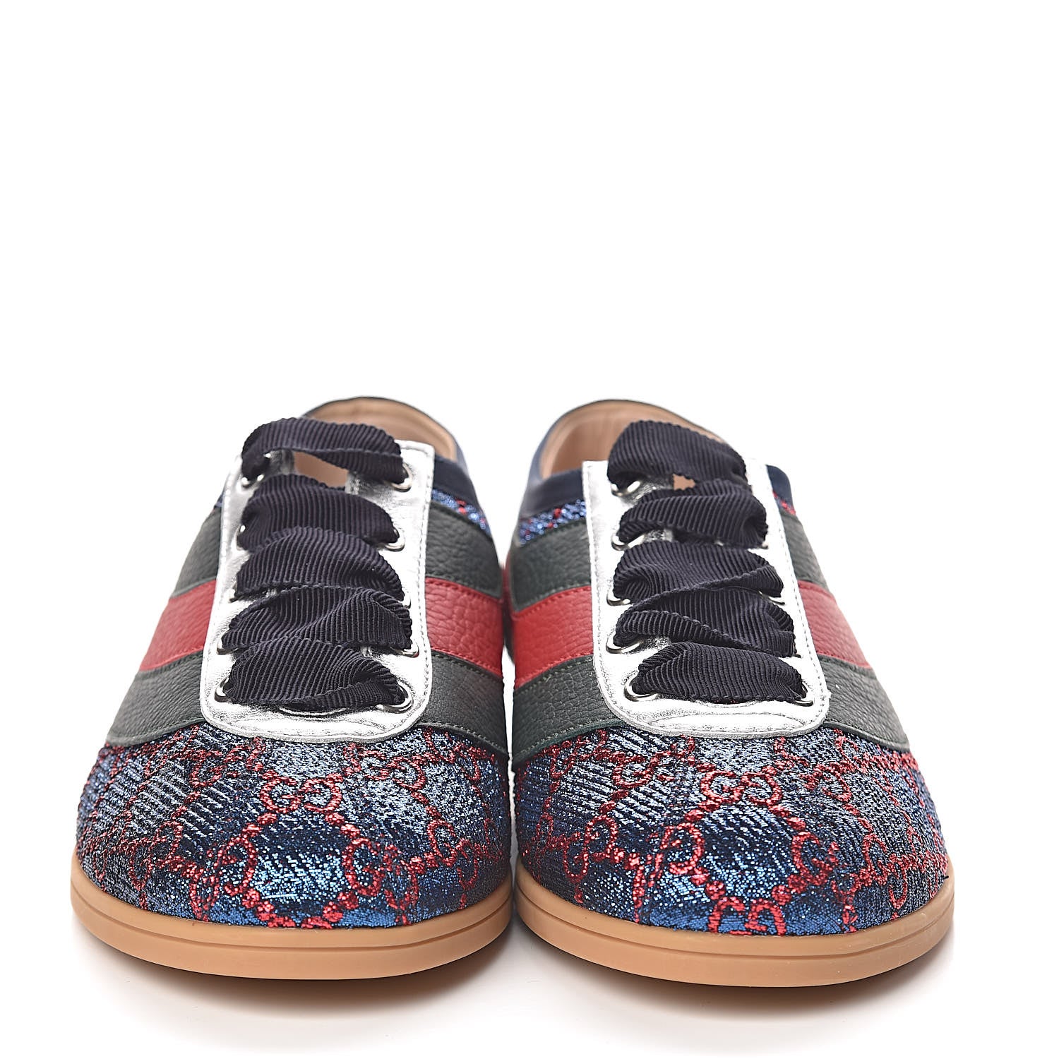 Gucci Lurex Calfskin Web GG Monogram Womens Falacer Sneakers 36.5 Iridescent Blue Iridescent Red Silver 3 of 12