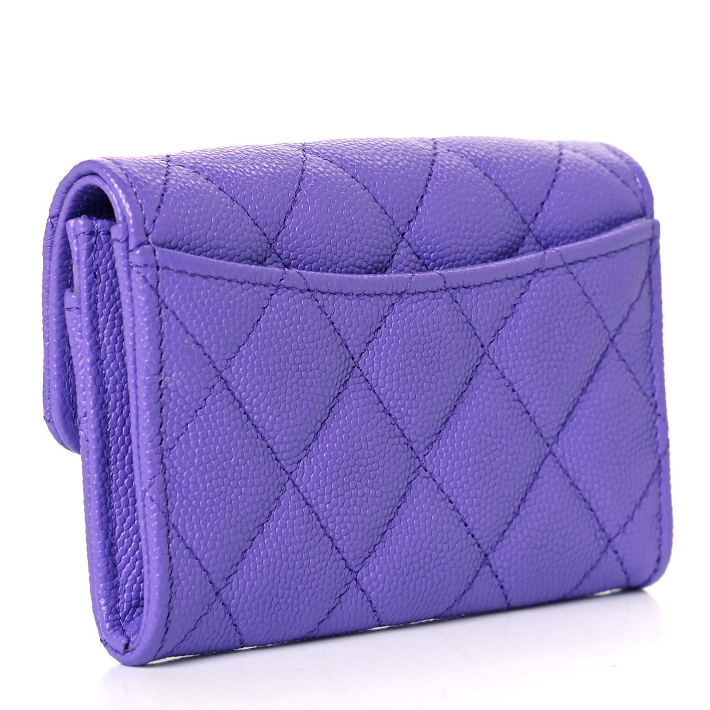 Caviar Quilted Flap Card Holder Wallet Purple