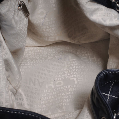 Chanel Leather Contrast Stitch Drawstring Tote Navy 8 of 8