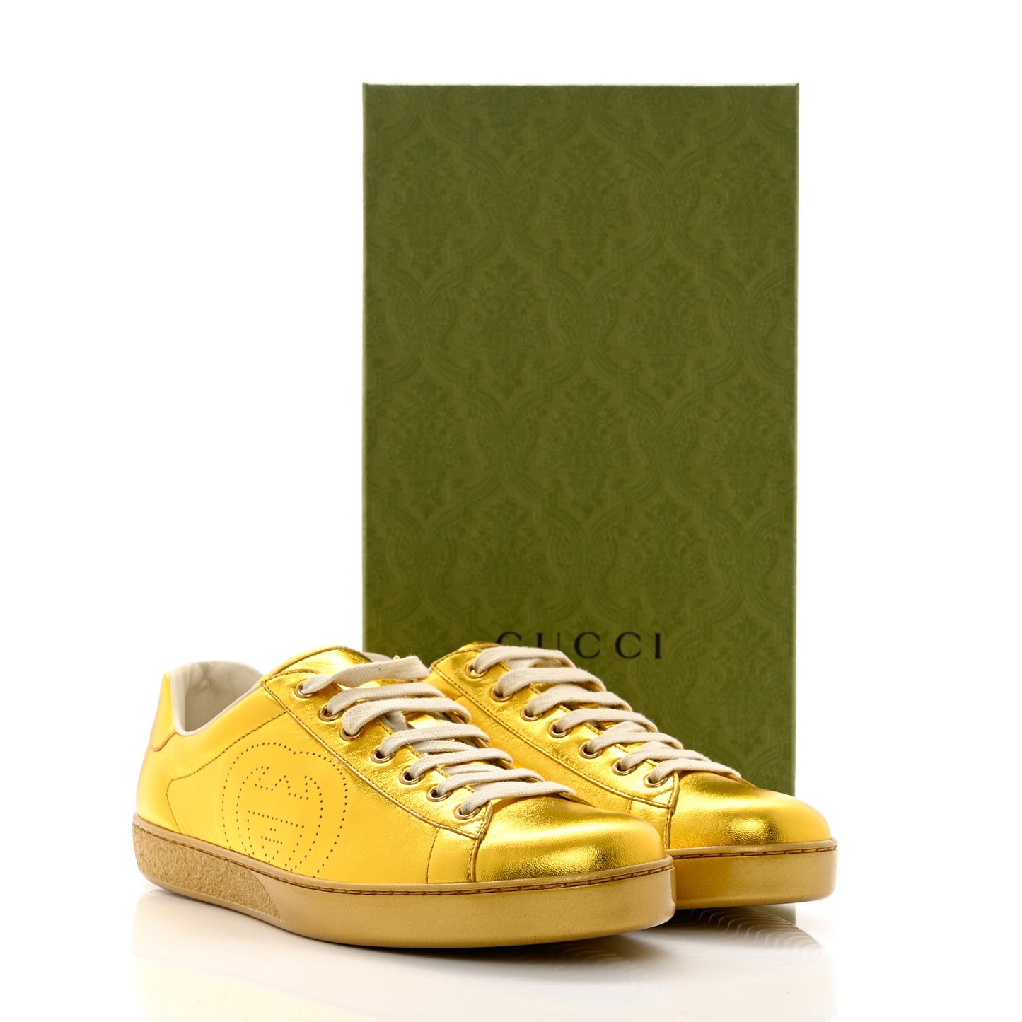 Metallic Nappa Interlocking G Perforated Mens Ace Sneakers 9 Oro Vecchio