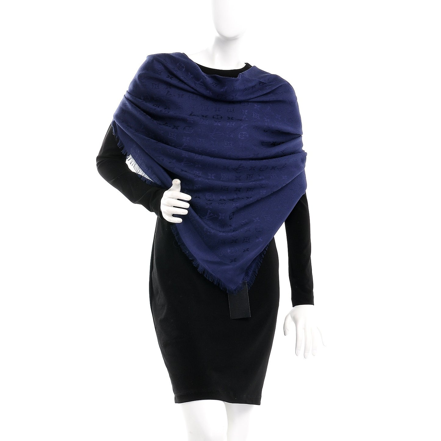 Wool Silk Monogram Shawl Blue Nuit