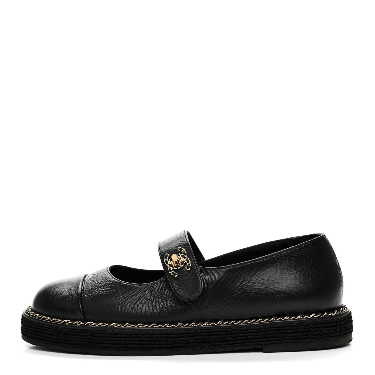Crumpled Lambskin Cap Toe Chain CC Turnlock Mary Jane Flats 35 Black