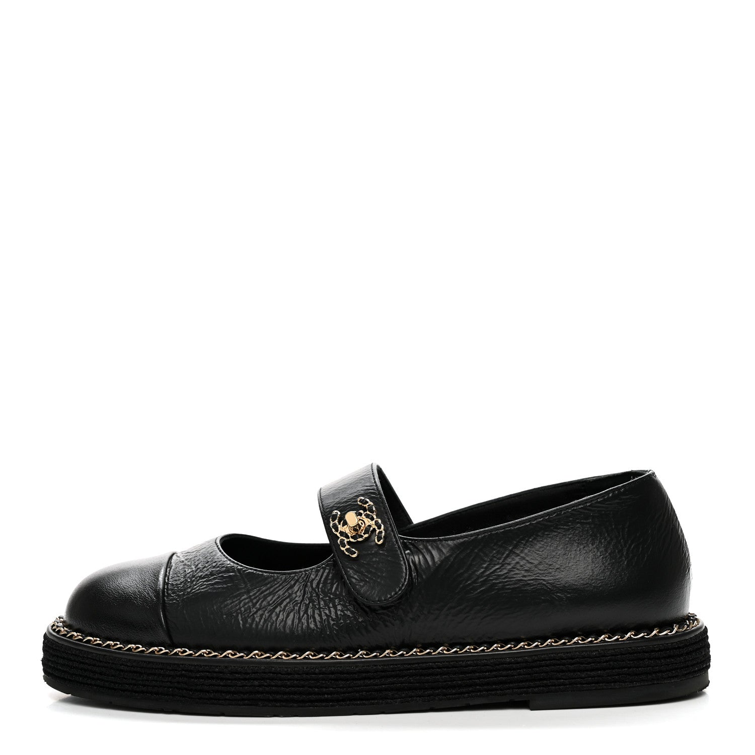 Chanel Crumpled Lambskin Cap Toe Chain CC Turnlock Mary Jane Flats 35 Black 1 of 8