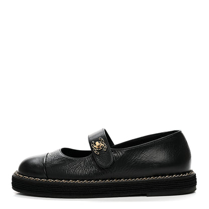 Chanel Crumpled Lambskin Cap Toe Chain CC Turnlock Mary Jane Flats 35 Black 1 of 8
