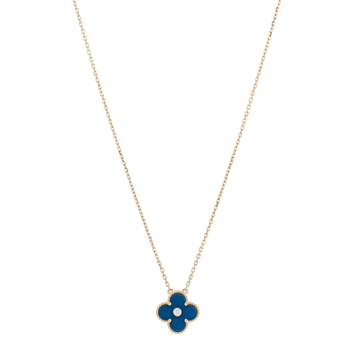 18K Yellow Gold Diamond Celestial Blue Sevres Porcelain Vintage Alhambra Pendant Necklace