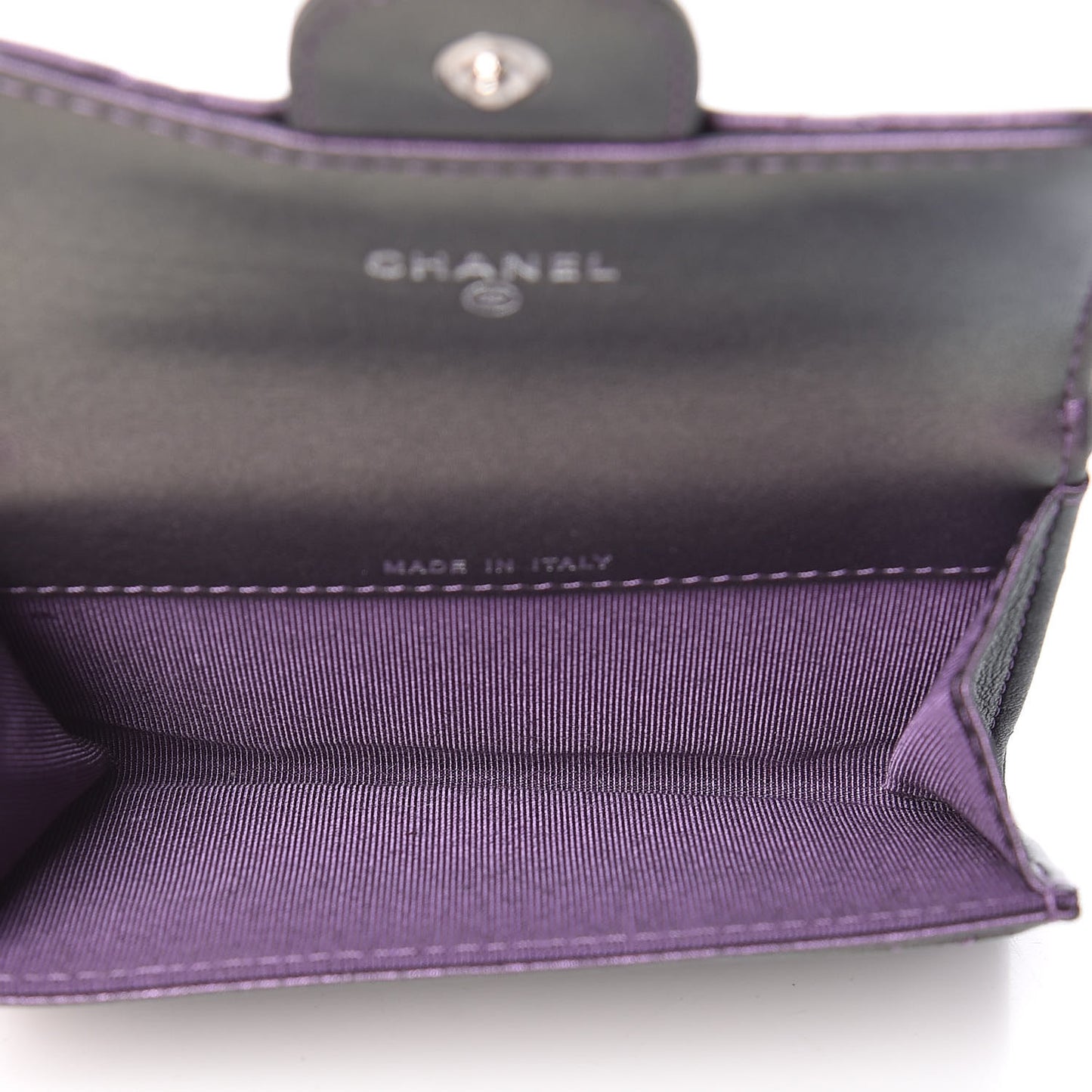 Metallic Lambskin Quilted Flap Card Holder Dark Purple