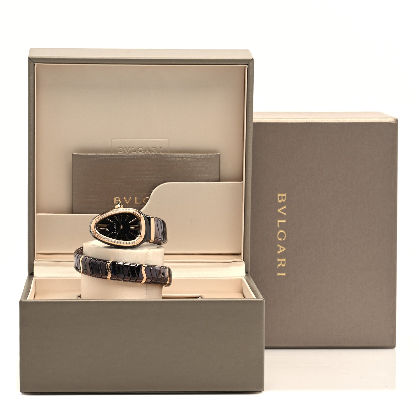 18K Rose Gold Ceramic Diamond Bezel 35mm Serpenti Tubogas Quartz Watch Black