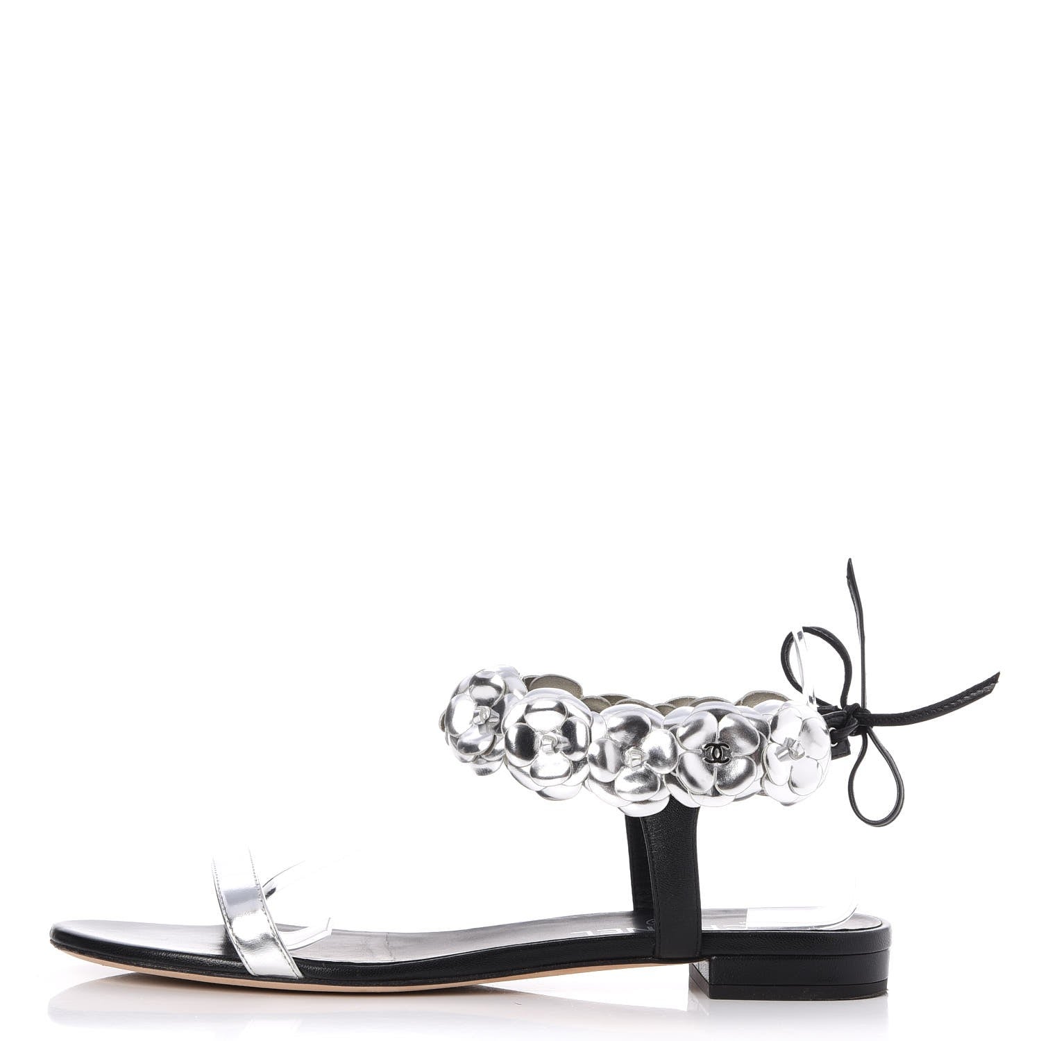 Chanel Metallic Lambskin Camellia Ankle Strap Sandals F40 Black Silver 1 of 10