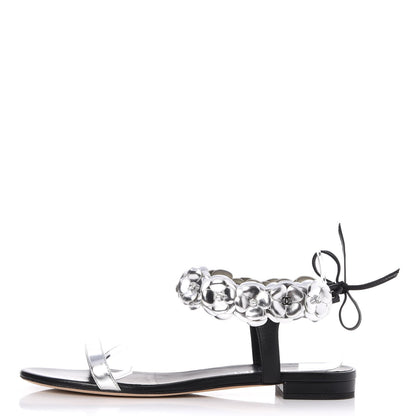 Chanel Metallic Lambskin Camellia Ankle Strap Sandals F40 Black Silver 1 of 10