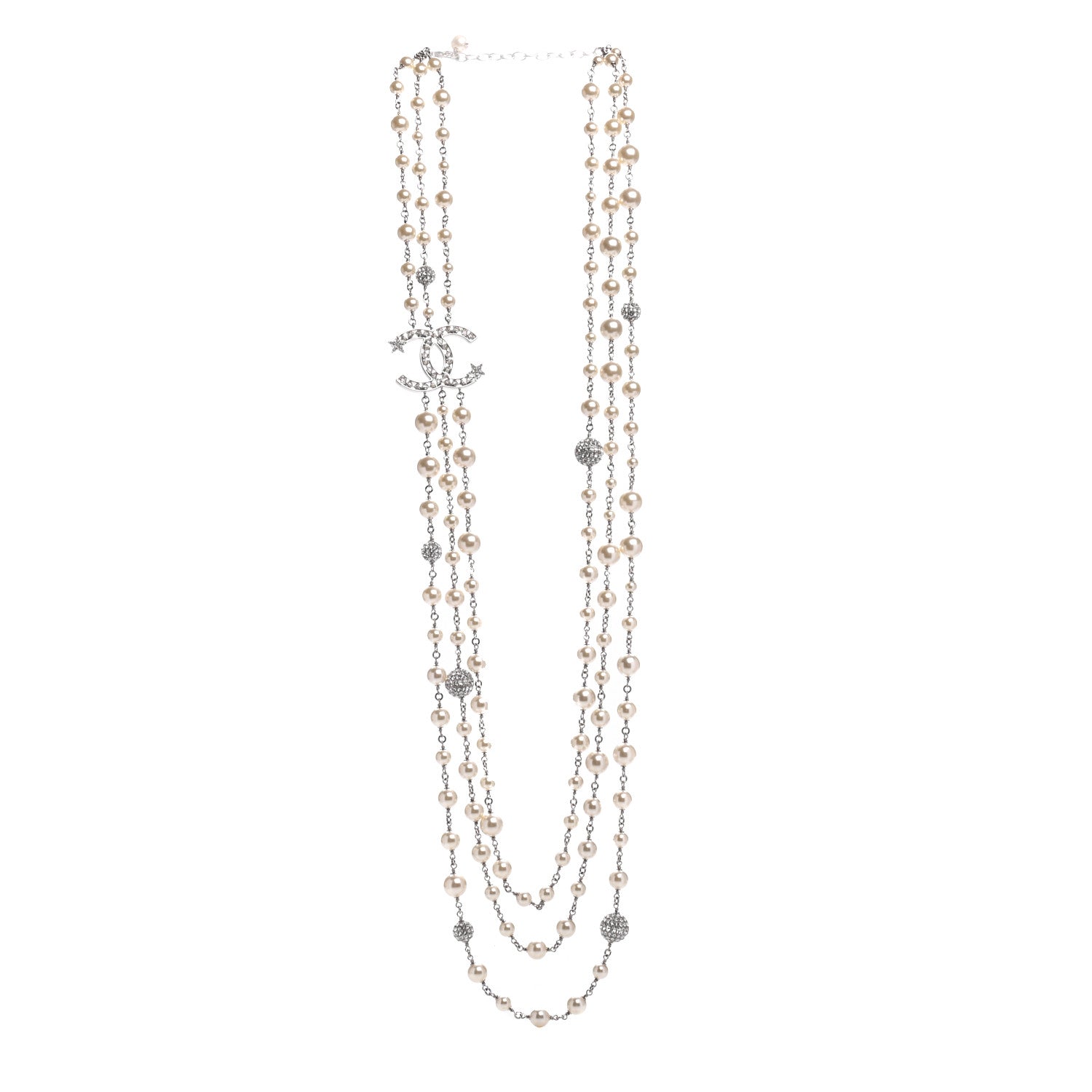 Chanel Pearl Crystal CC Starfall Multi Strand Necklace Silver 3 of 5