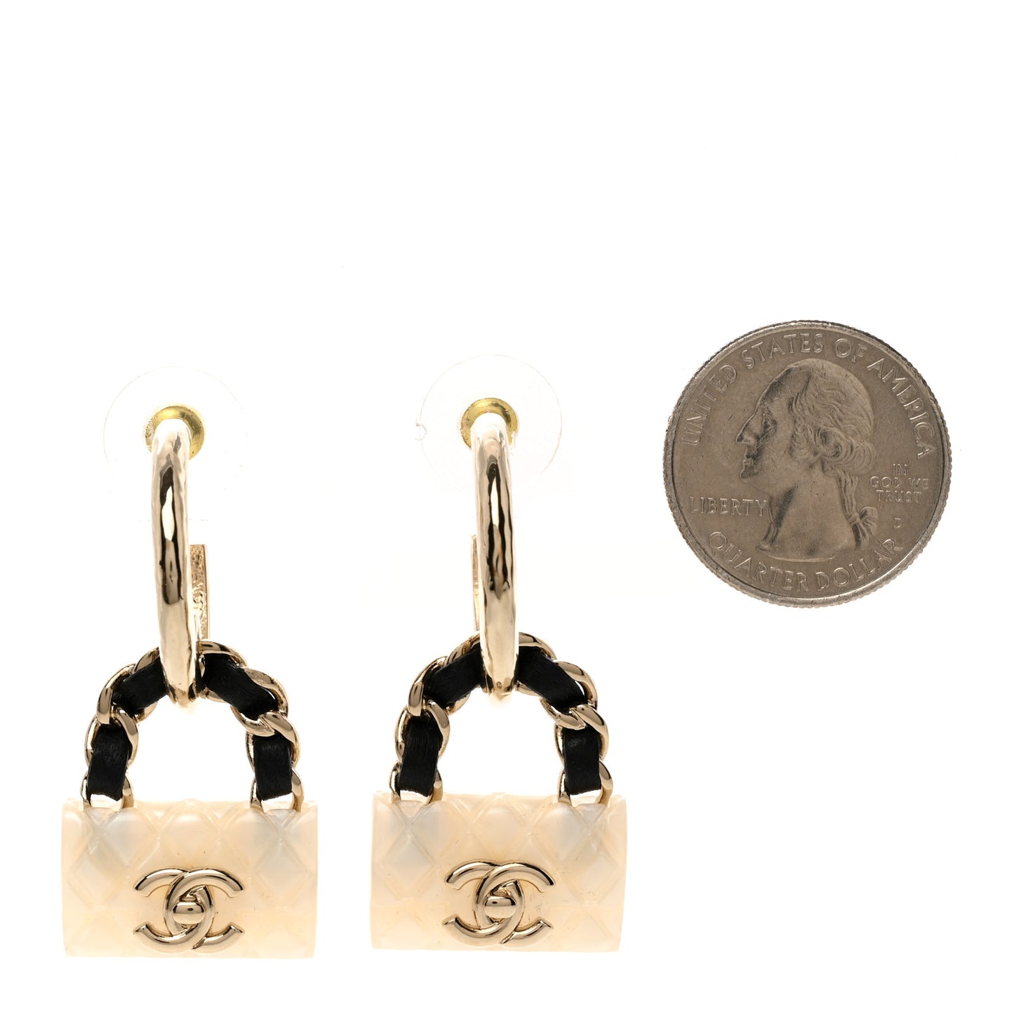 Metal Resin Calfskin Quilted CC Turnlock Chain Bag Earrings Gold Pearly White