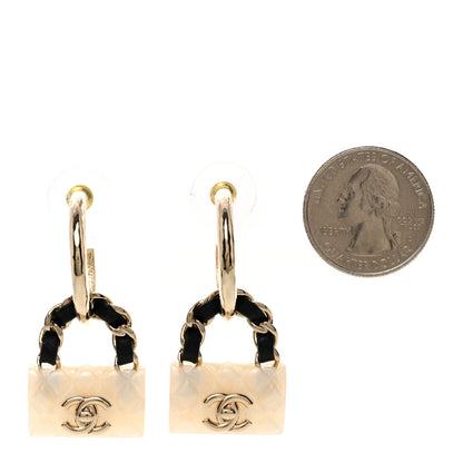 Chanel Metal Resin Calfskin Quilted CC Turnlock Chain Bag Earrings Gold Pearly White 2 of 5