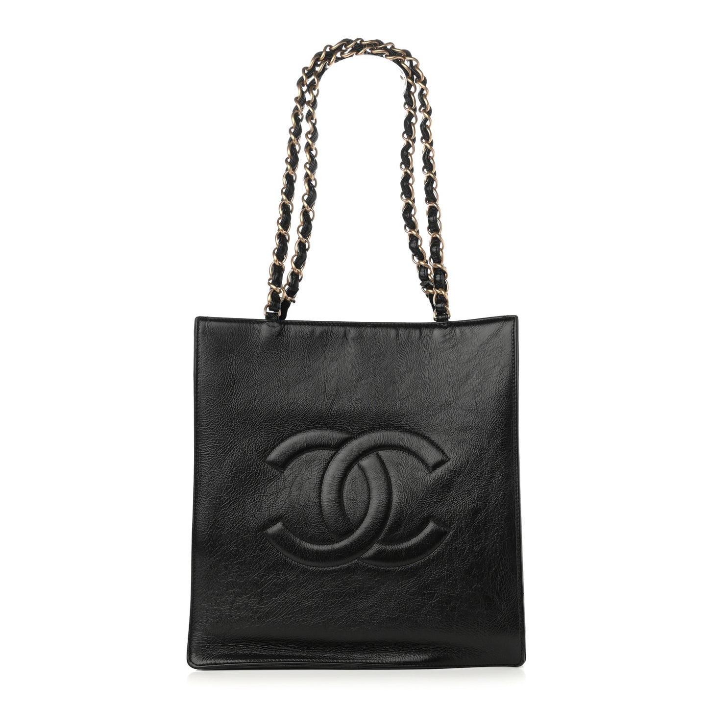 Shiny Aged Calfskin North South Shopping Bag Black