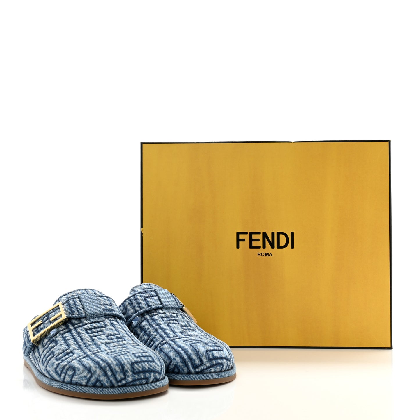 Denim Jacquard FF Womens Fendi Feel Buckled Mules 36.5 Blue