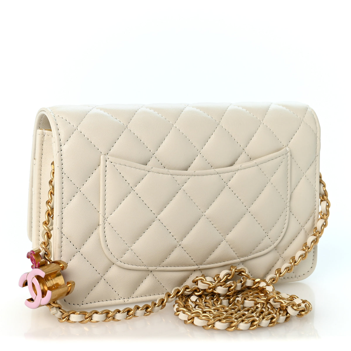 Lambskin Enamel Quilted CC Slide Wallet On Chain WOC White