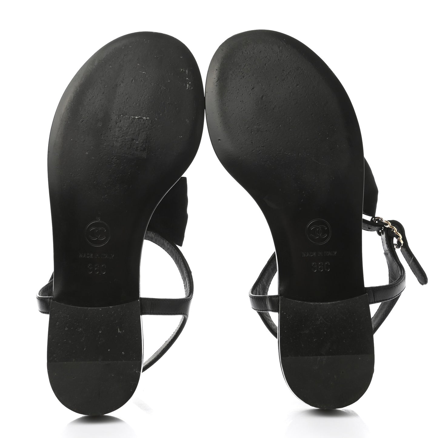 Lambskin Grosgrain Bow CC Chain Thong Sandals 36 Black Gold