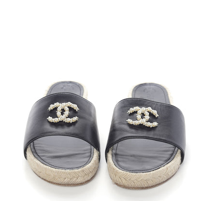 Chanel Lambskin Pearl CC Espadrille Slip On Sandals 38 Black 2 of 9